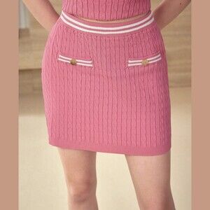 Pink Cable Knit Mini Skirt with Striped Trim and Gold Buttons